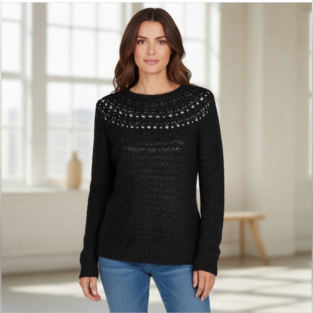 Lauren Ralph Lauren Black pointelle knit Crew Neck Sweater NWT